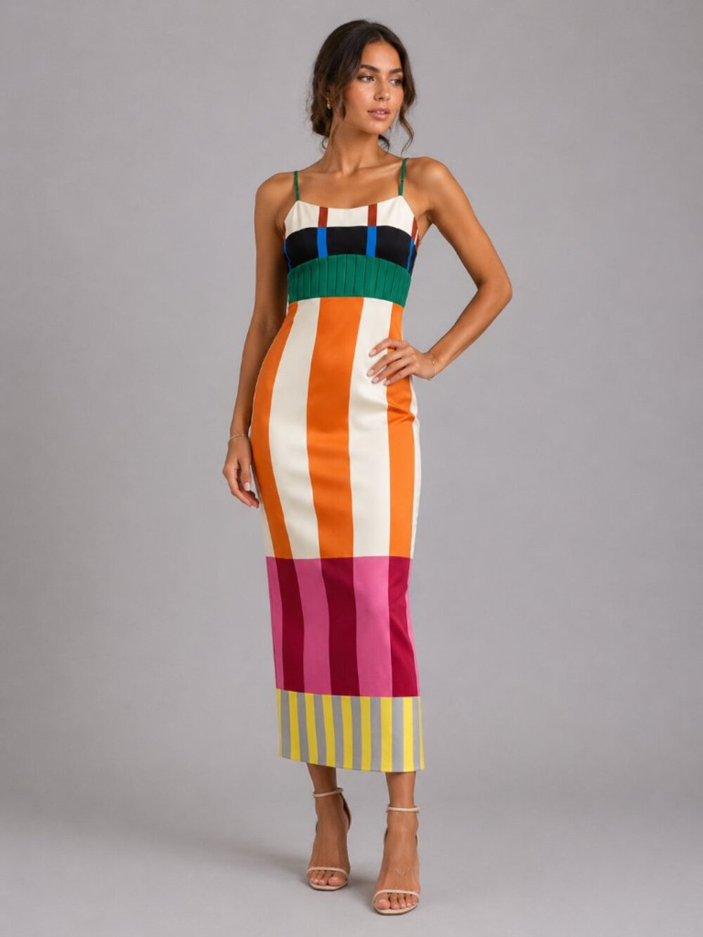 Women's Colorblock Striped Bodycon Maxi Dress Spaghetti Strap Beach Vacation